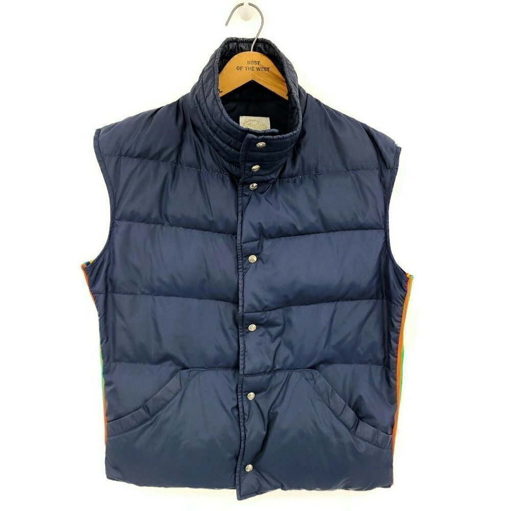 Vintage Roffe Down Puffer Vest Mens M? Navy Blue Rainbow Stripes Made in USA